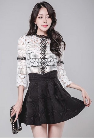 韓系法式浪漫優雅蕾絲鉤花刺繡氣質款九分袖上衣 