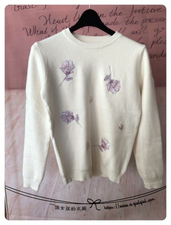 韓國東大門甜美氣質花朵圓領粉嫩色系針織毛衣 2色可選    現貨各1+預購