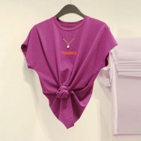 韓國東大門韓版夢幻粉紫圓領英文字母搭配金色造型項鍊T恤上衣