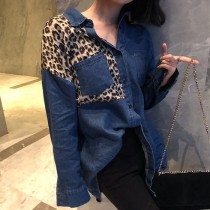 韓國東大門韓系牛仔藍拼接豹紋個性口袋中長版寬鬆BF襯衫