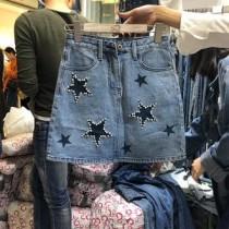 韓國東大門韓系甜美質感手工釘珠星星牛仔短裙