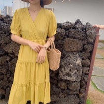 韓國東大門**% 仙氣高腰抽繩顯瘦V領連身裙 %%** 6色