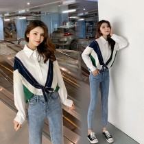 韓國東大門chic線條復古韓系蝴蝶綁帶假2件式設計襯衫 2色 S-3XL